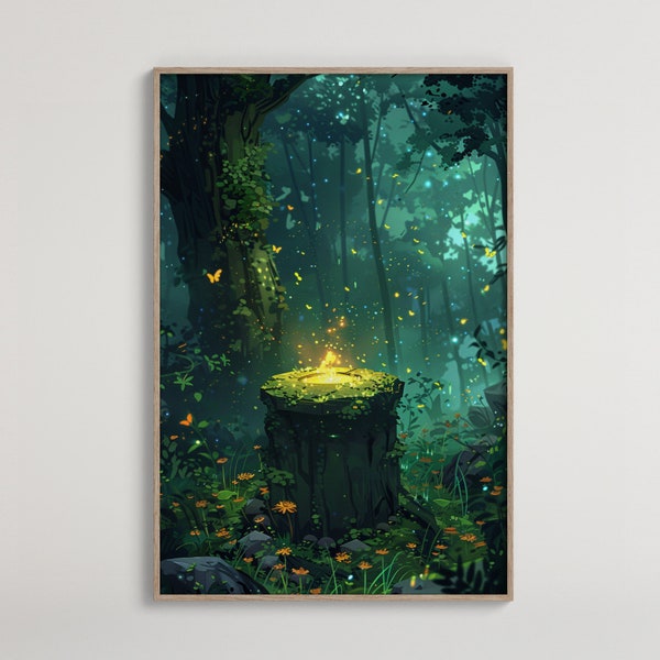 Enchanted Forest Scene Digital Art | Magical Tree Stump with Golden Light | Animated Fantasy Woods Artwork