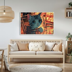 Kawaii Cat in Shopping Cart | Adorable Anime Kitty Art | Digital Print Download | Cute Pet Illustration | Nursery Wall Decor