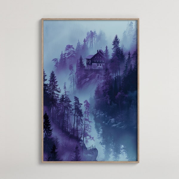 Misty Mountain Retreat | Ethereal Landscape Artwork | Dreamy Cabin Wall Art | Twilight Forest Digital Print Download