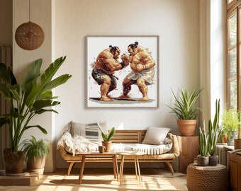 Sumo Wrestlers Duel Digital Art | Powerful Match Illustration | Dynamic Competition Print | Traditional Sumo Attire Artwork