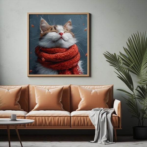 Cozy Autumn Cat Digital Art Print | Blissful Smiling Cat Wrapped in Red Scarf | Warm Fall Leaves Ambiance | Home Decor Instant Download