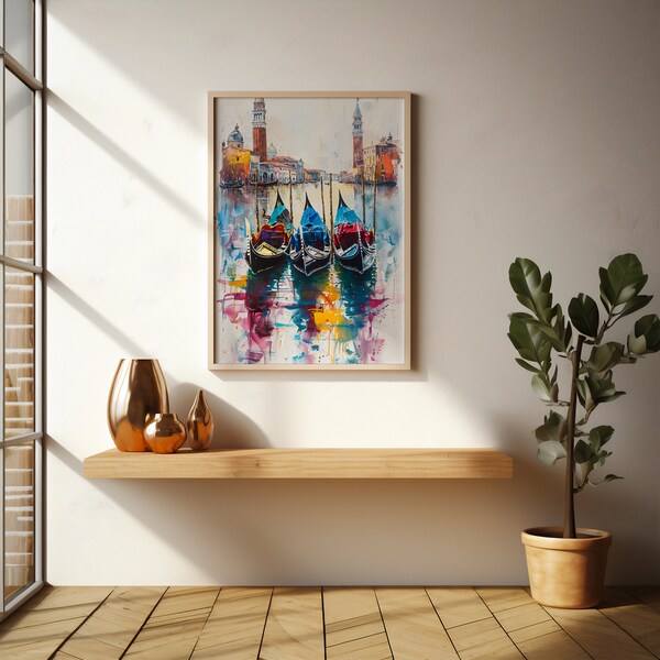Venice Abstract Digital Art | Colorful Gondolas Impression | Dreamy Cityscape Painting | Vibrant Water Reflections | Instant Download