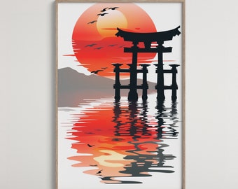 Japanisches Torii-Tor bei Sonnenuntergang Digitaler Kunstdruck | Ruhige Szene mit Vogelreflexion | Friedliches Dekor im Aquarell-Stil | Sofortiger Download