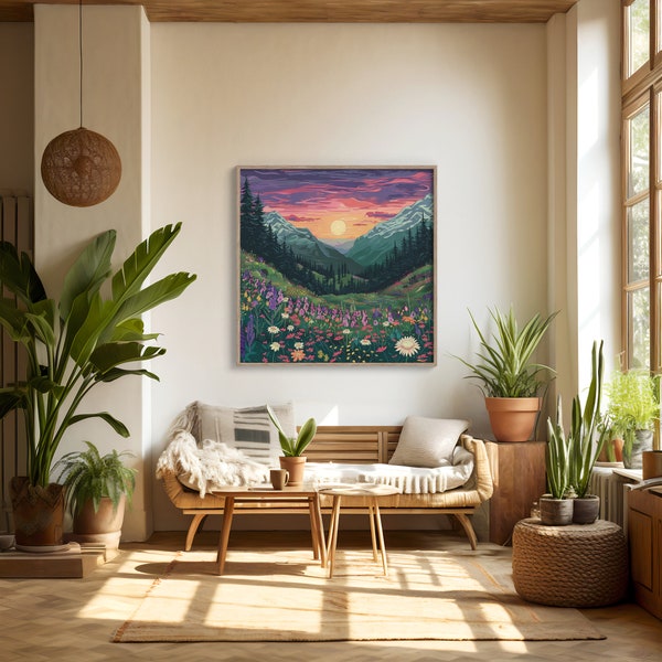 Mountain Sunset Art | Vibrant Floral Landscape | Nature Wall Decor | Alpine Meadow Print | Scenic Outdoor View Digital Download
