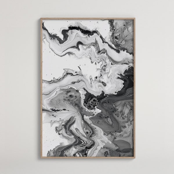 Abstract Marble Fluid Art | Monochromatic Black White Gray | Ink in Water Effect | Modern Home Decor Wall Art | Digital Print Download