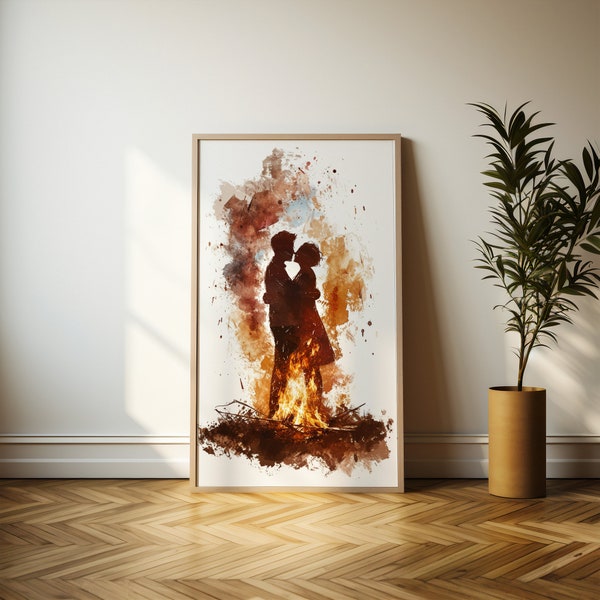 Passionate Embrace Art Print | Abstract Lovers Watercolor | Romantic Valentine's Day Decor | Warm Tones Wall Art | Instant Download