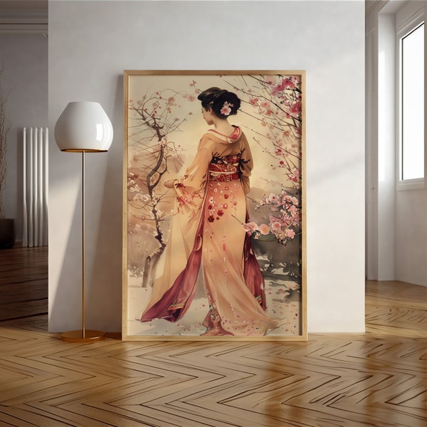 Elegant Geisha Art Print | Cherry Blossom Garden | Japanese Traditional Dress | Digital Wall Art | Graceful Oriental Lady Portrait Download