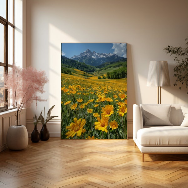 Majestic Mountain Range Digital Art Print | Serene Landscape with Yellow Wildflowers | Natural Beauty Wall Art | Instant Download