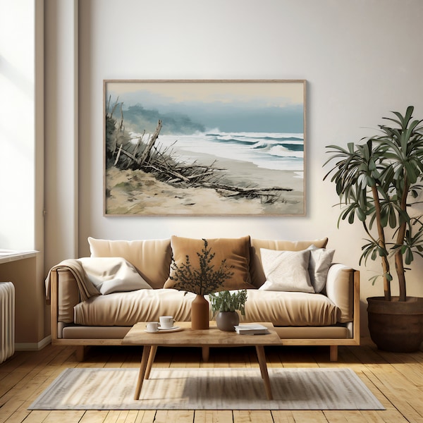 Autumn Beach Scene Art | Rustic Coastal Driftwood Print | Seaside Fall Landscape Digital Download