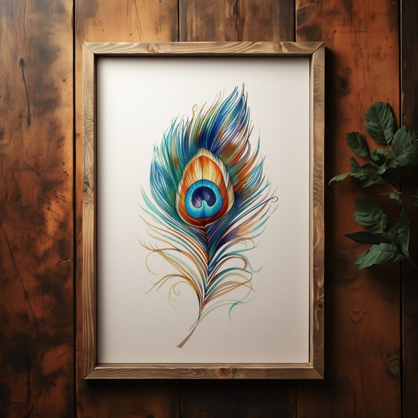 Peacock Feather Illustration | Vibrant Colored Pencil Art | Exotic Bird Plume Print | Nature Inspired Wall Decor | Digital Download