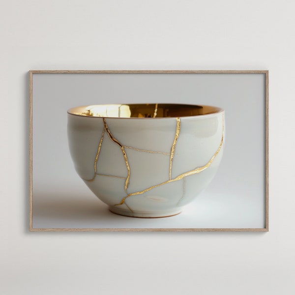 Kintsugi Ceramic Bowl Digital Art Print | Traditional Japanese Art | Gold Lacquer Repair Technique | Unique Home Decor Digital Download