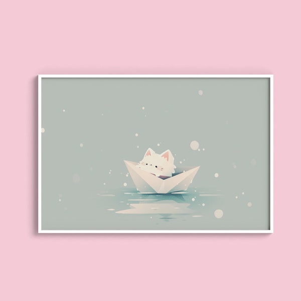Whimsical Kitten in Origami Boat | Serene Water Reflection Art | Pastel Blue Digital Print | Dreamy Animal Landscape Download