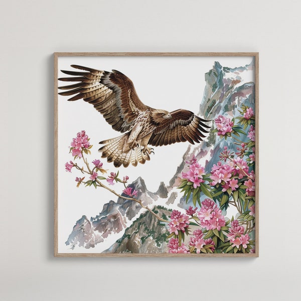 Eagle in Flight Digital Art Print | Majestic Bird Over Mountains | Wildlife  Flora Harmony | Blossoming Flowers | Instant Download