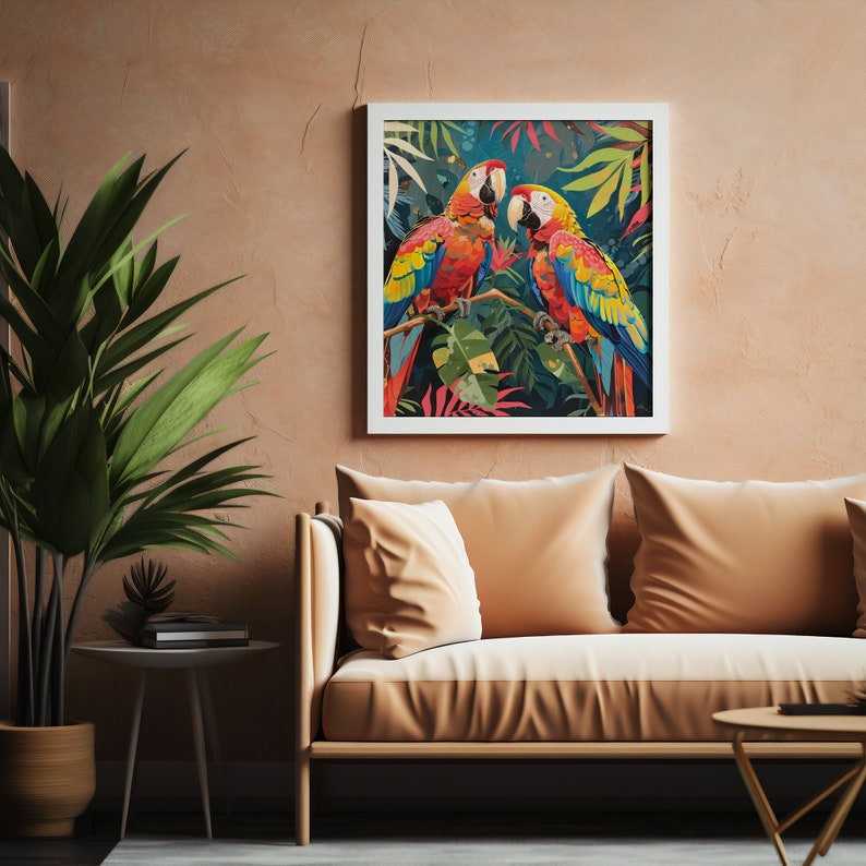 Curated visual reference: Wall Mounted Living Space For Macaws Reference: Tropical Parrots Digital Art Print Vibrant Macaws On Branch