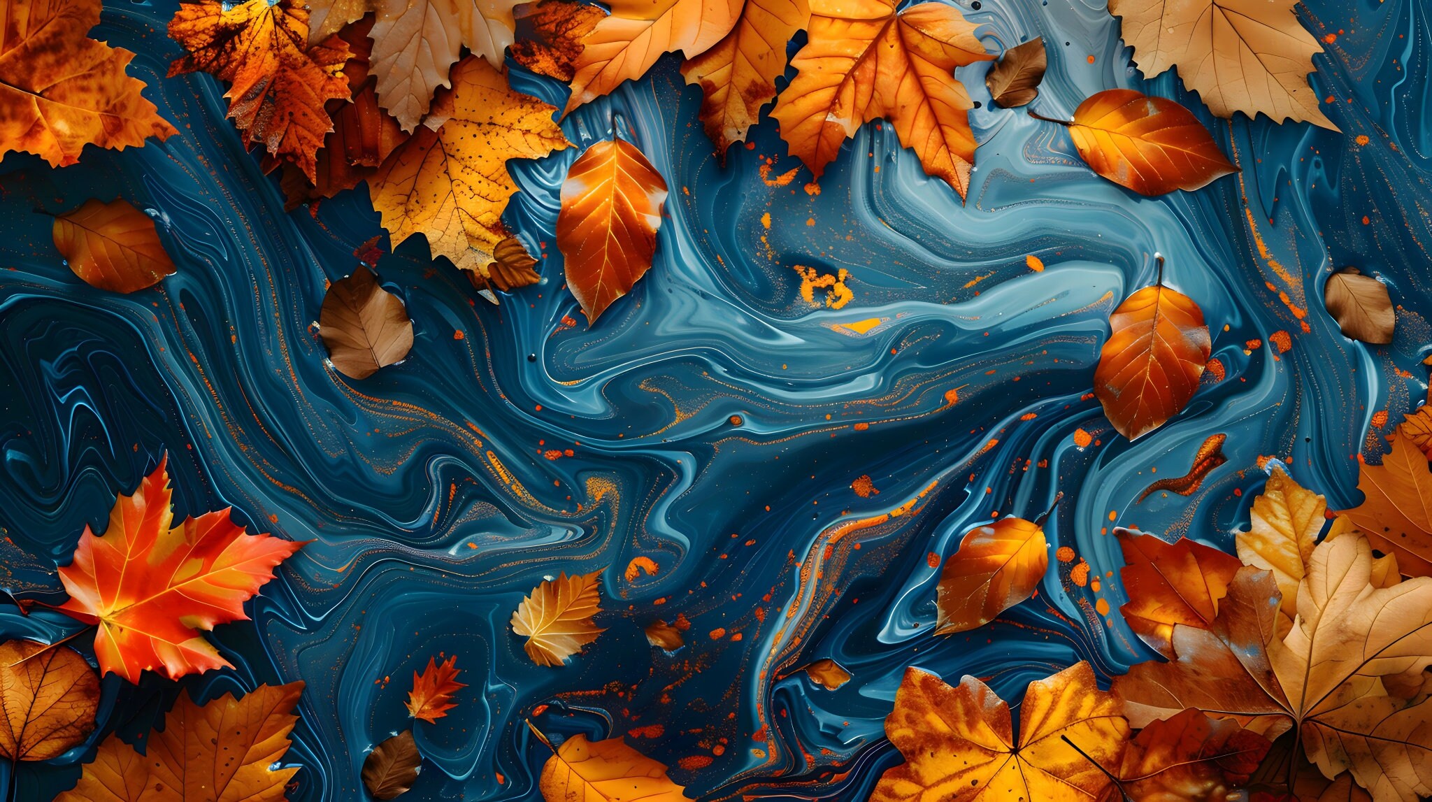 Autumn Leaves on Blue Marble Art Print Vibrant Fall Decor Abstract ...