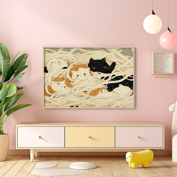 Whimsical Cat  Spaghetti Digital Art | Playful Kittens in Pasta | Cute Feline Illustration | Quirky Kitchen Decor | Instant Download