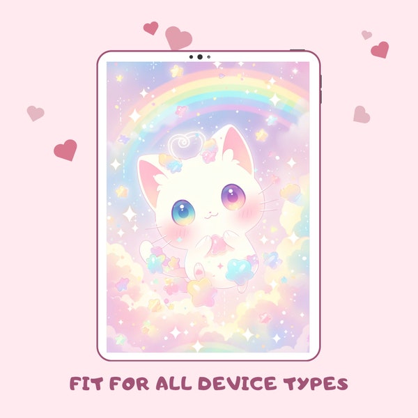 Whimsical Cat Digital Art Print | Sparkling Blue Eyes  Pastel Magic | Cartoon Cat with Stars and Hearts | Magical Dreamy Background Download