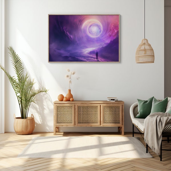 Cosmic Visions Landscape Art | Mystic Galactic Portal & Traveler | Psychedelic Universe Wall Art | Enchanting Digital Print Download