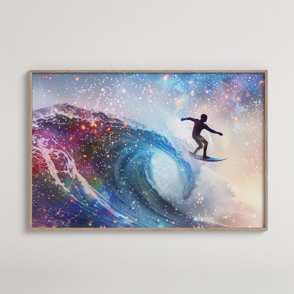 Cosmic Surfing Digital Art | Galaxy Wave Surfer | Surf Wall Art Print | Starry Night Ocean Decor | Space Surfing Instant Download