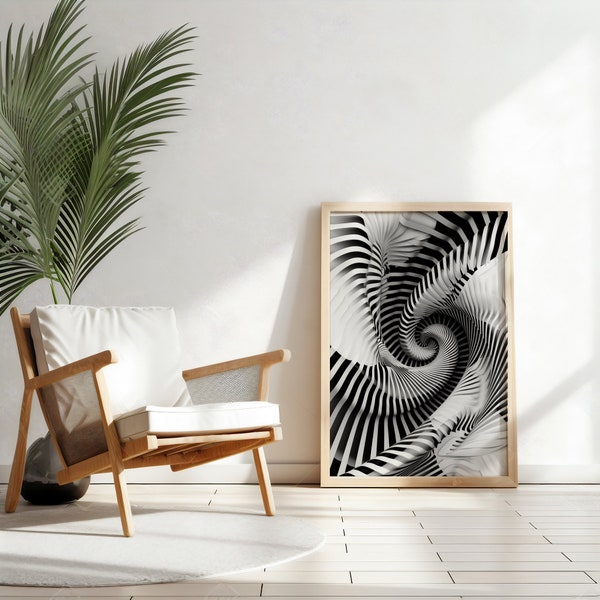 Abstract Vortex Art Print | Black  White Twisted Stripes Illusion | Hypnotic Optical Digital Artwork | Mesmerizing Home Decor Download