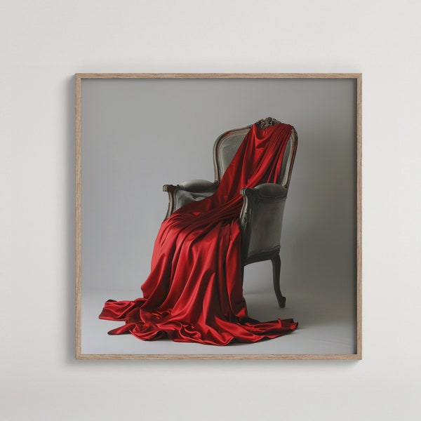 Elegant Red Draped Chair Art | Minimalist Interior Decor | Modern Artistic Photo Print | Contemporary Home Styling Download