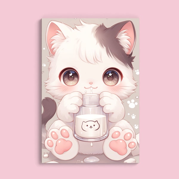 Animated Kitten Digital Art | Cute Cat with Milk Glass | Fluffy Feline Love | Heartwarming Pet Portrait | Instant Download