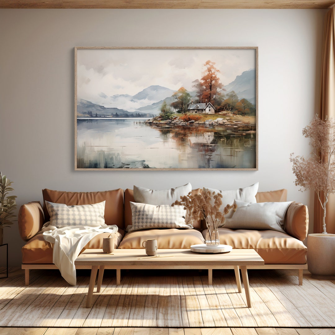 Rustic Fall Landscape Art | Antique Classic Cottage by Lake | Autumn ...