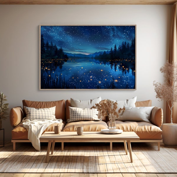 Tranquil Night Landscape Digital Print | Starry Sky  Pine Trees | Magical Water Reflection Art | Peaceful Nature Scene | Instant Download