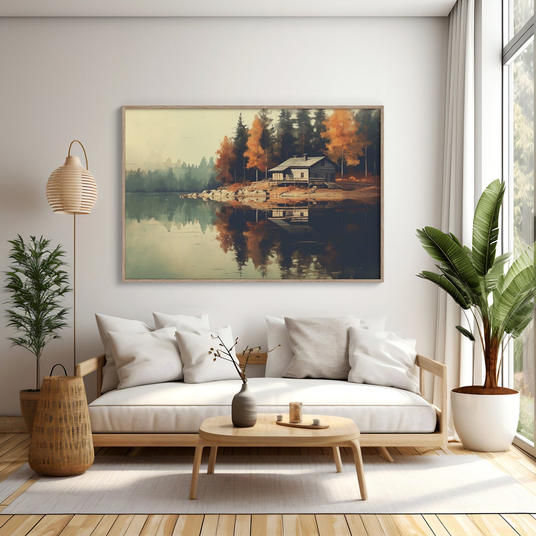 Autumn Lake House Rustic Cabin Wall Art Serene Fall Scenery Digital