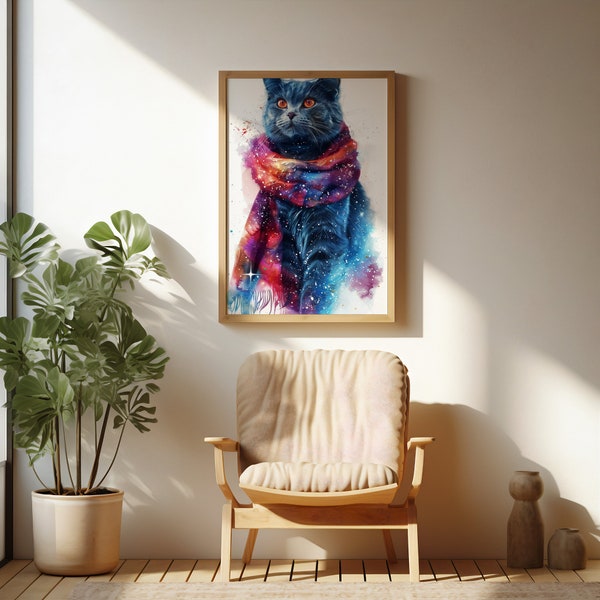 Cosmic Cat with Scarf | Starry Night Feline Art | Galaxy Cat Digital Print | Whimsical Watercolor Pet Portrait | Home Decor Download