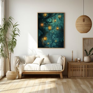 魅惑の森の夜景 | ランタンに照らされた木々のデジタルアートプリント | 神秘的な自然のアートワーク | 穏やかで魔法のような雰囲気 | すぐにダウンロード
