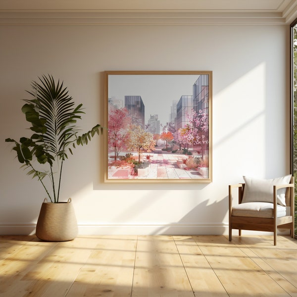 Modern Glass Cityscape Art | Springtime Urban Pathway Scene | Dreamy City Walk Print | Soft Pink Palette | Instant Digital Download