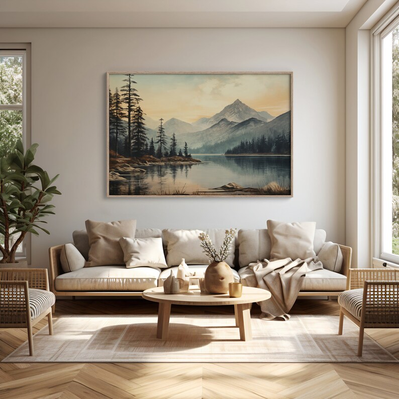 Rustic Autumn Lake Scene Art | Vintage Mountain Landscape Print ...