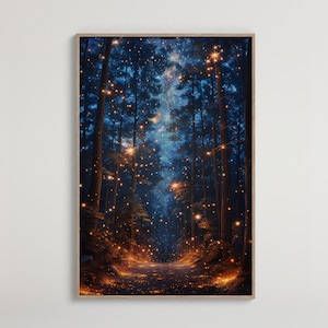 Scène nocturne de la forêt enchantée | Impression numérique fantaisiste | Chemin magique avec des lucioles | Art mural arbres célestes à télécharger