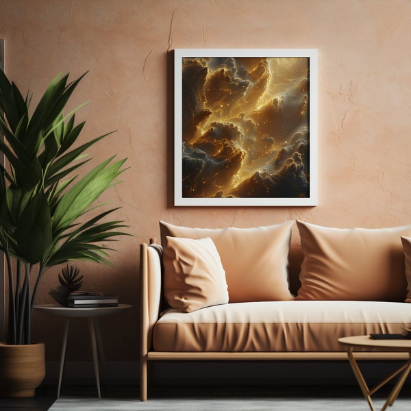 Abstract Golden Fire Art Print | Warm Palette Swirling Shapes | Fiery Landscape Digital Art | Sparkling Starry Night Sky