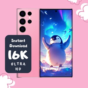 Pingüino alegre con cielo de aurora / Paisaje antártico caprichoso / Impresión de arte de pingüino animado / Descarga digital de auroras boreales vibrantes
