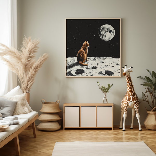 Cosmic Cat Art Print | Moonlit Feline Space Adventure | Starry Night Galaxy Decor | Lunar Kitty Digital Poster | Home Wall Art Download