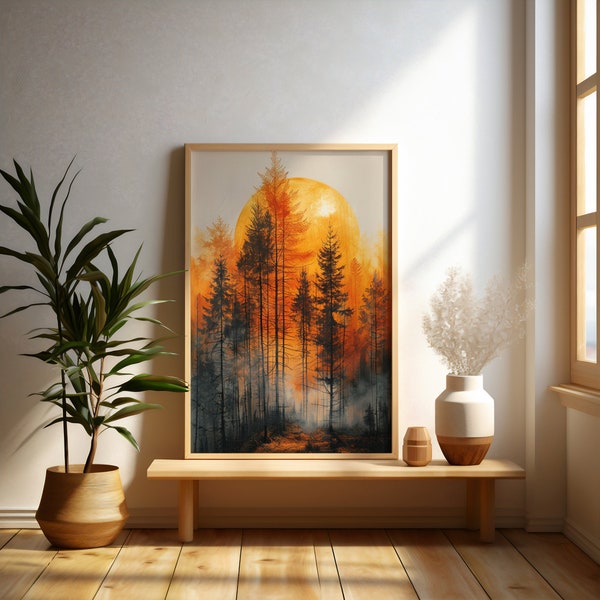 Mystic Forest Moonlight Scene | Ethereal Pine Trees Art | Warm Orange Hue Landscape | Digital Art Print Download