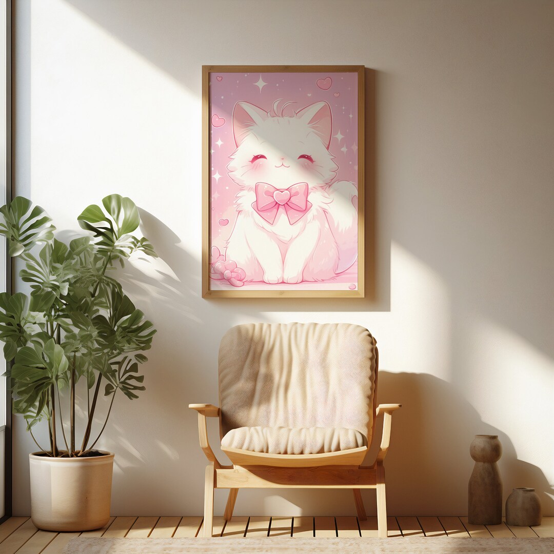Whimsical Kitten Art | Cute Cat With Bow | Pink Pastel Digital Download ...