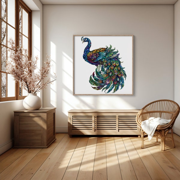 Colorful Peacock Illustration | Vibrant Feathered Bird Art | Majestic Animal Wall Art Print | Home Decor Digital Print Download