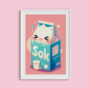 Adorável gato de desenho animado em caixa de leite | Impressão digital de gato fofo | Ilustração brincalhona de gatinho 'Sok' | Fundo rosa