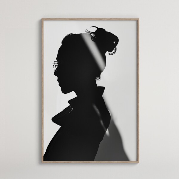 Minimalist Silhouette Portrait Art | Elegant Profile with Glasses | Bun Hairstyle Digital Print | Black and White Home Decor Download