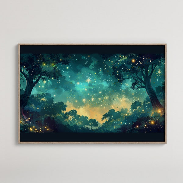 Enchanted Forest Night Sky | Magical Trees Landscape Art | Fantasy Forest with Fireflies | Starry Night Digital Print Download