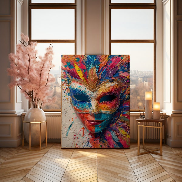 Masquerade Mask Digital Art Print | Festive Carnival Artwork | Colorful Feather Decor | Mysterious and Vibrant Wall Art Download