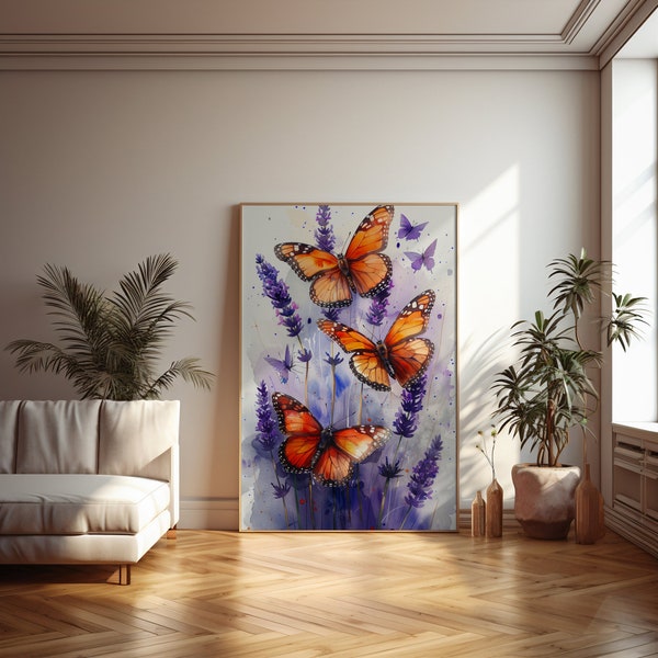 Butterfly Watercolor Art | Lavender Field Monarchs | Nature-Inspired Decor | Vibrant Insect Illustration | Digital Print Download