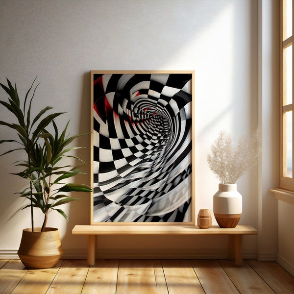 Abstract Optical Illusion Art Print | Black  White Swirling Vortex | Checkered Funnel Pattern | Mesmerizing Wall Decor Digital Download
