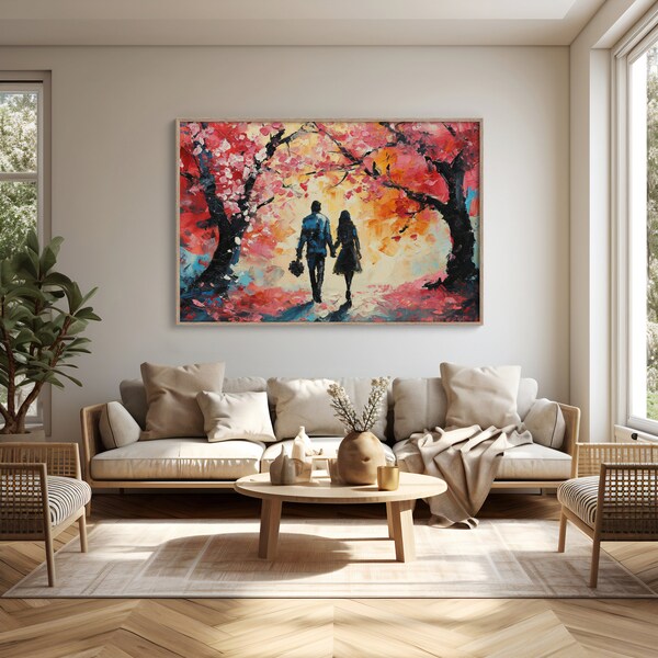 Romantic Stroll Painting | Love Under Blossoms Art | Couple's Valentine Walk | Abstract Vibrant Trees | Digital Wall Art Print Download