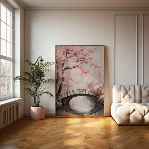 Cherry Blossom Bridge Art | Serene Japanese Garden Scene | Watercolor Sakura Painting | Tranquil River Landscape Digital Download
