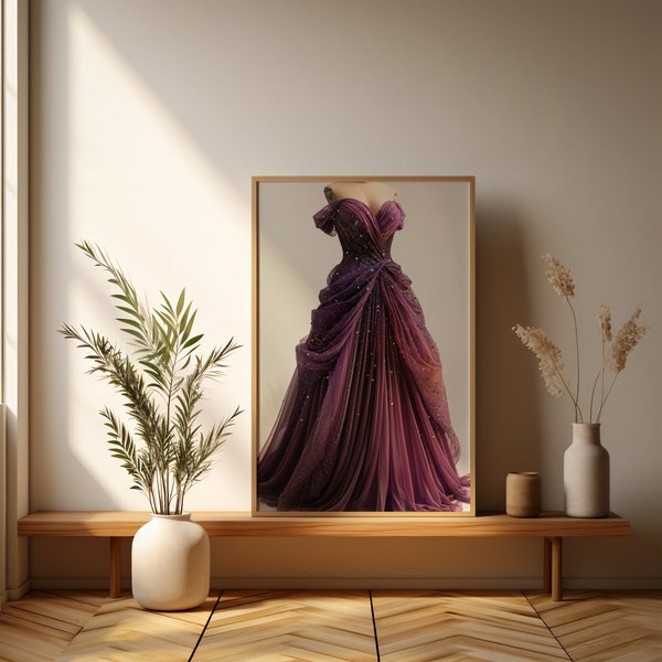 Elegant Evening Gown Art | Purple Dress Illustration | Sparkling Fashion Design | Stylish Formal Wear Wall Art | Digital Download