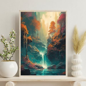 Arte della cascata della foresta incantata / Stampa digitale del paesaggio fantastico / Carta da parati con paesaggi autunnali / Decorazioni per la casa del fiume magico / Download digitale
